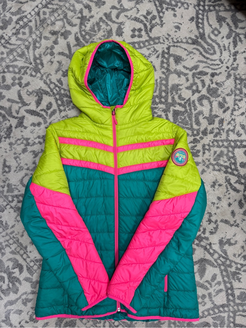 Spyder Women’s Colorblock Hooded Puffer Jacket - Lime, Teal & Hot Pink
